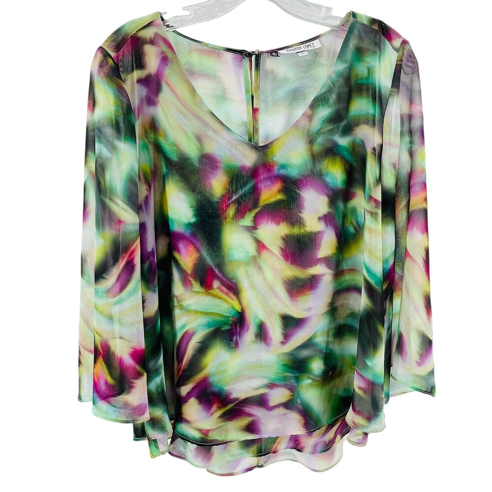 Jennifer Lopez Green Purple Psychedelic Print Layered Chiffon Bell Sleeve Top M